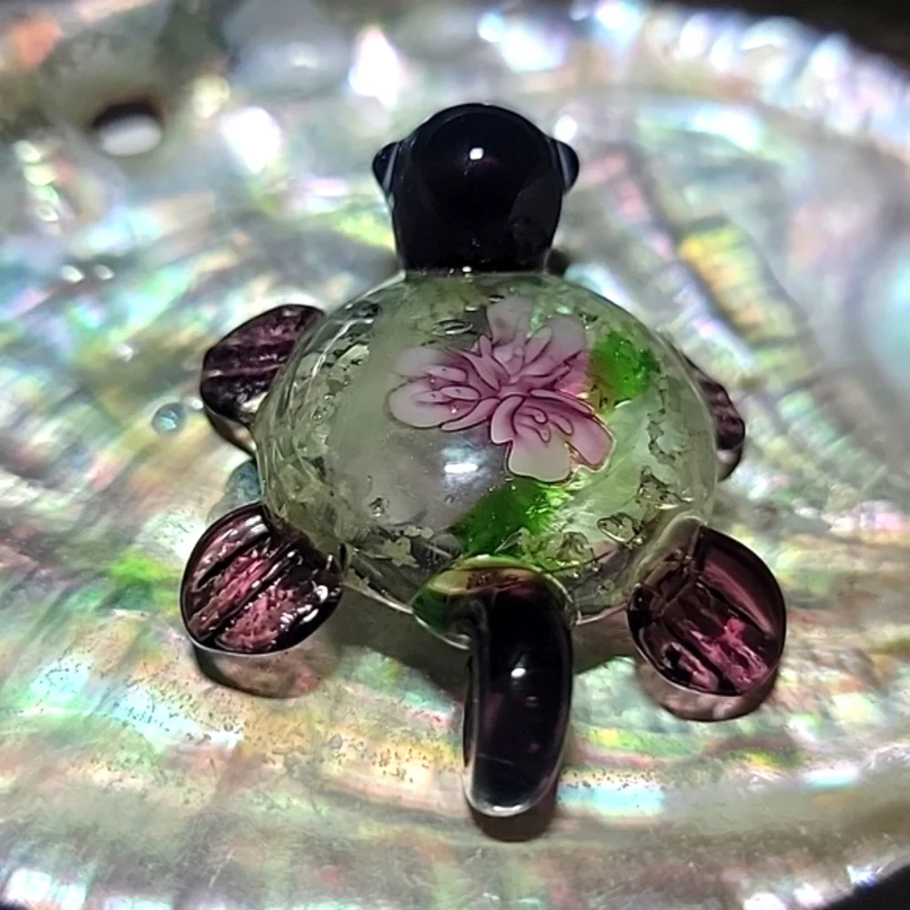 NEW Handcrafted Blown Art Glass Purple Turtle Charm Pendant Luminescent Specks